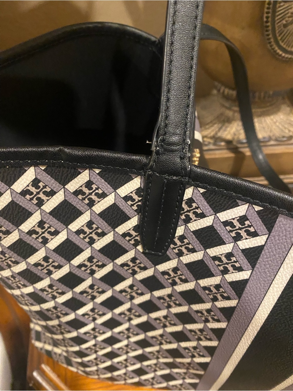 Tory Burch Black, Gray and Cream Monogram Stripe Tote - Picture 5 of 7